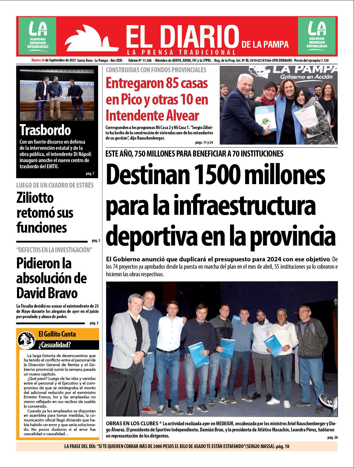 Tapa de El Diario en papel  martes 26 de septiembre de 2023